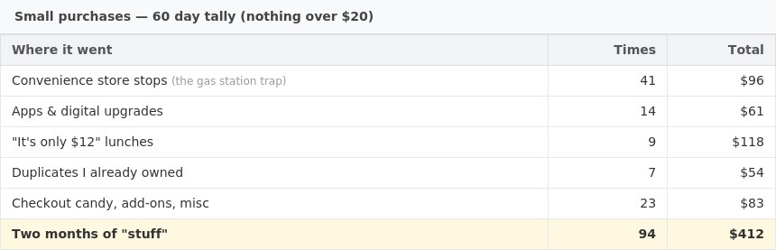 The final tally after 60 days of writing everything down.