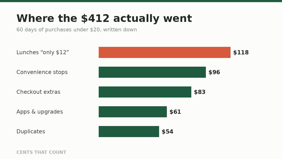 I Tracked Every Small Purchase for 60 Days. Here's Where $412 Went — Cents That Count